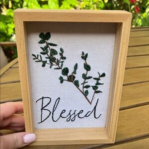 Framed 'Blessed' Embroidered Wall Art - Green Foliage